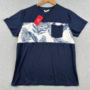 PatPat T-Shirt Mens M Navy Blue Tropical Leaf Print Pocket Short Sleeve NEW